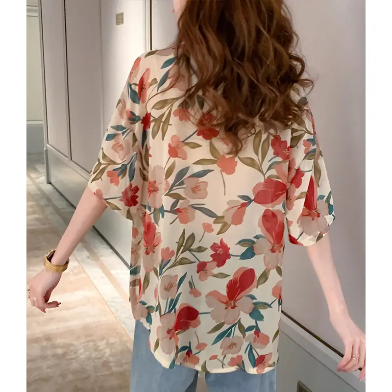 Women Floral Chiffon Draping Shirt Light Brown