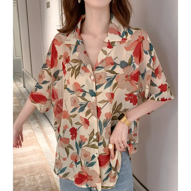 Women Floral Chiffon Draping Shirt Light Brown — feature 1