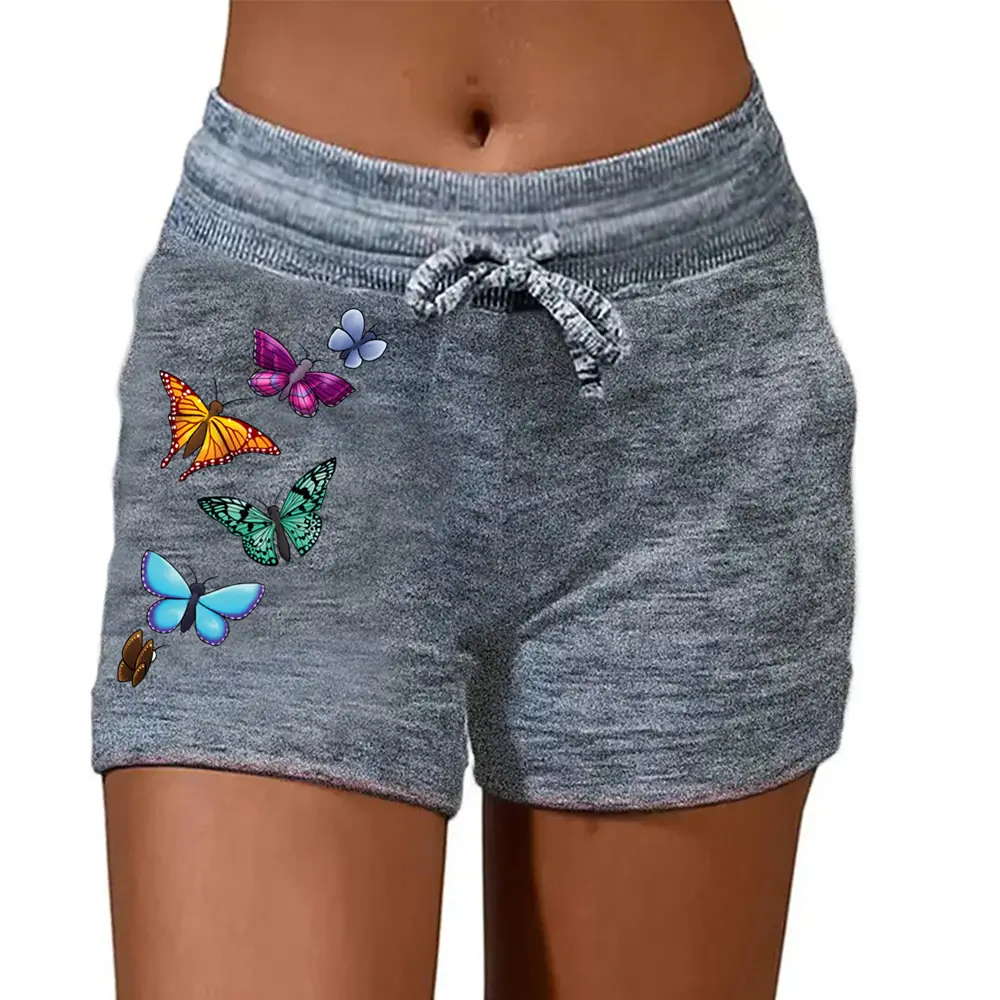 Women Butterfly Printed Gray Yoga Pants Shorts - Image 8