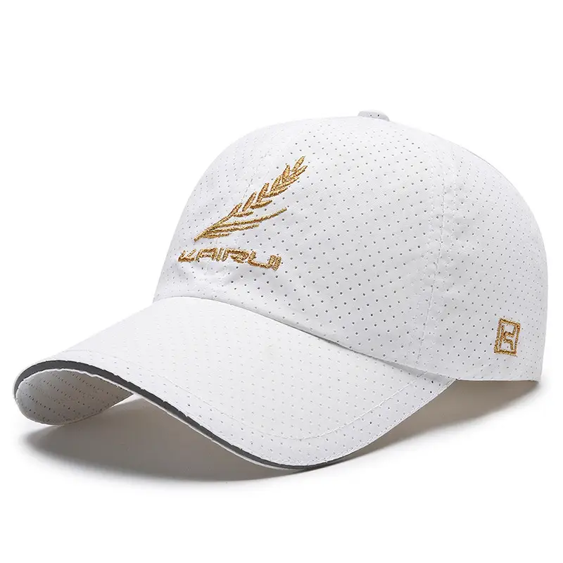 Men's White Perforated Sun Hat with Gold Embroidery