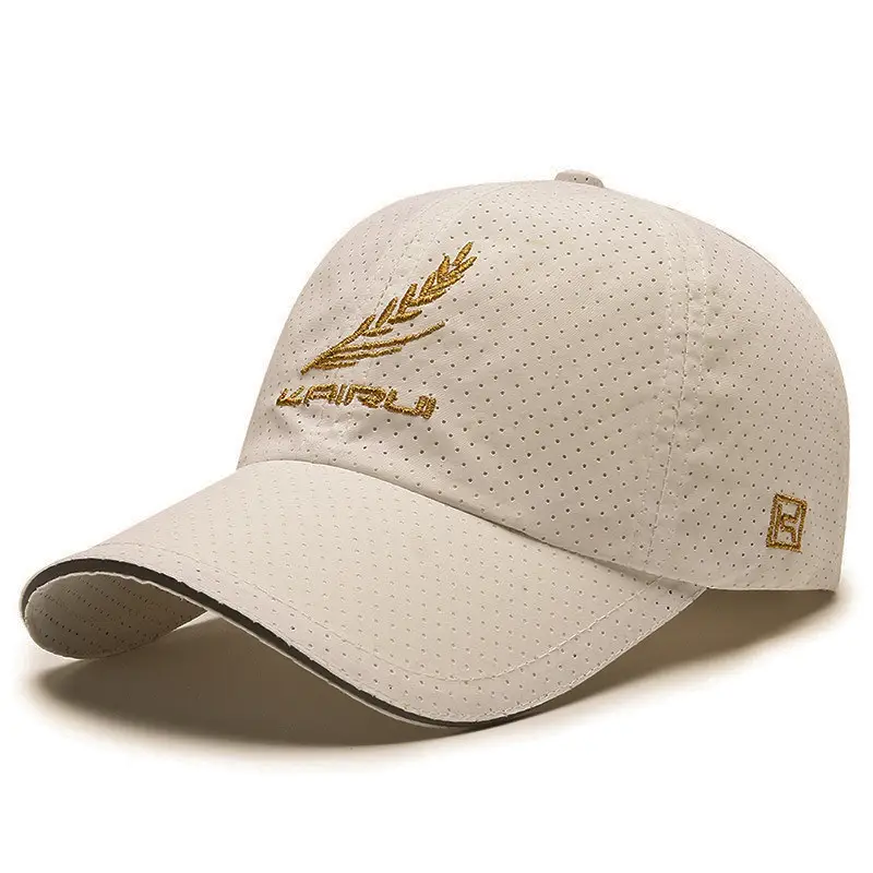 Men's White Perforated Sun Hat with Gold Embroidery