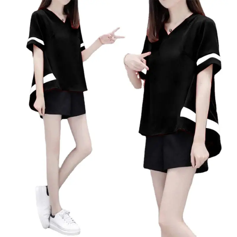 Women's White Black Short Sleeve Loose Summer Suit