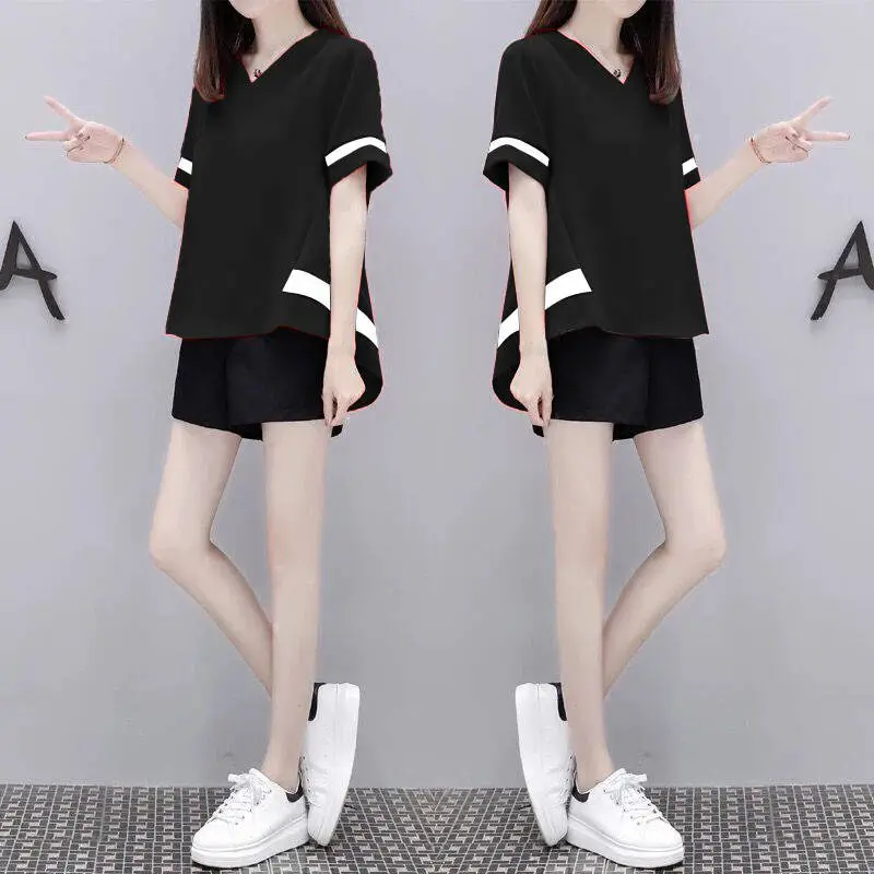 Women's White Black Short Sleeve Loose Summer Suit — feature 11