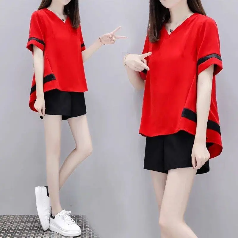 Women's White Black Short Sleeve Loose Summer Suit — feature 13