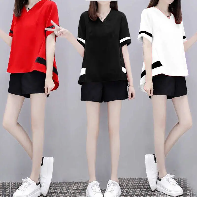 Women's White Black Short Sleeve Loose Summer Suit — feature 14