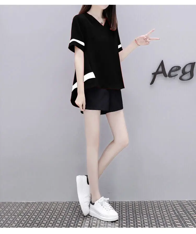 Women's White Black Short Sleeve Loose Summer Suit — feature 9