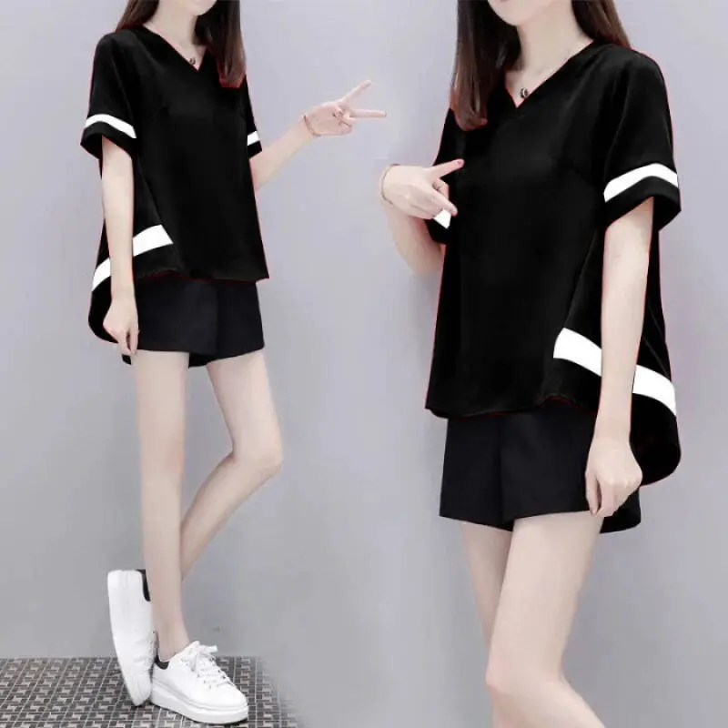 Women's White Black Short Sleeve Loose Summer Suit