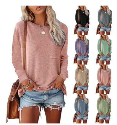 Black Long Sleeve Flap Pocket Top for Women