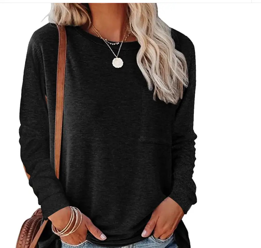 Black Long Sleeve Flap Pocket Top for Women