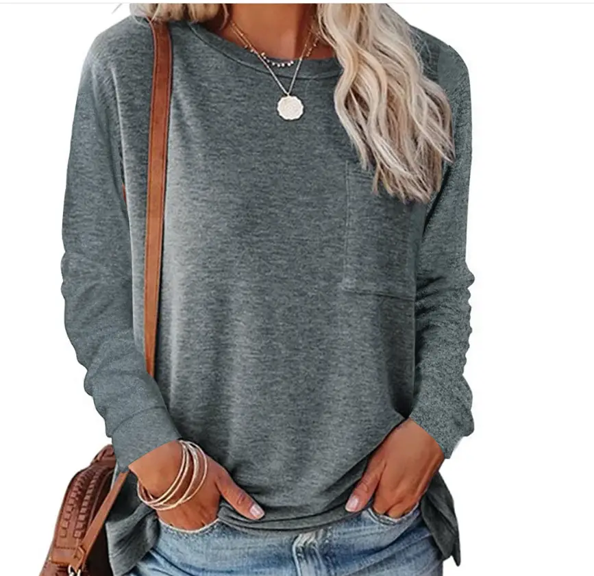 Black Long Sleeve Flap Pocket Top for Women