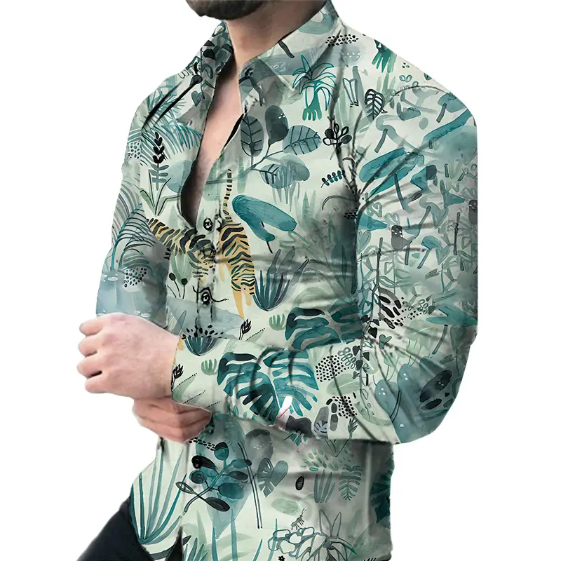 Men's Green Digital Print Long Sleeve Shirt