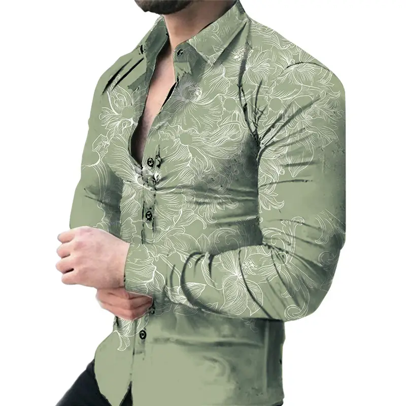 Men's Green Digital Print Long Sleeve Shirt