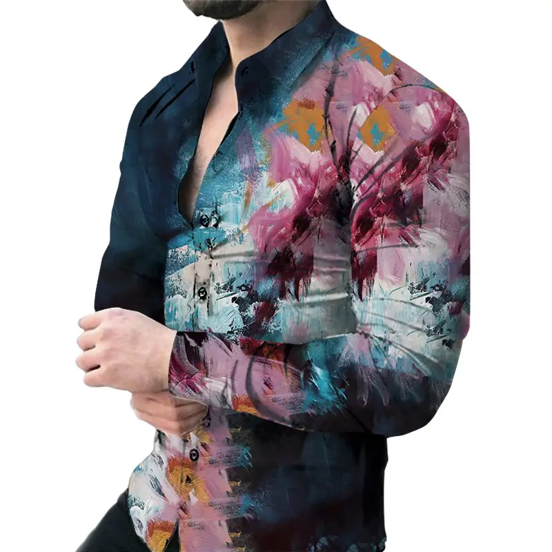 Men's Green Digital Print Long Sleeve Shirt