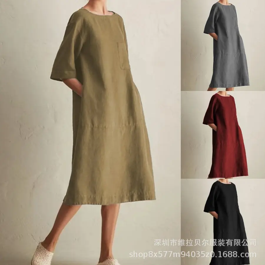 Large Cotton Linen Mid Sleeve Round Neck Dress