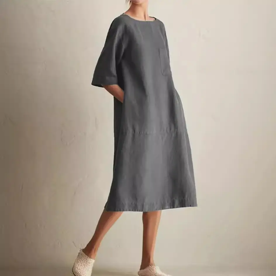 Large Cotton Linen Mid Sleeve Round Neck Dress