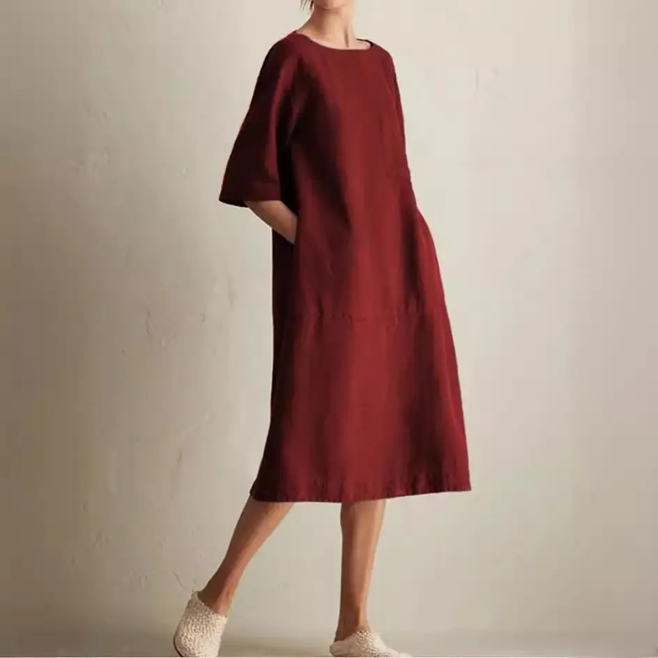 Large Cotton Linen Mid Sleeve Round Neck Dress