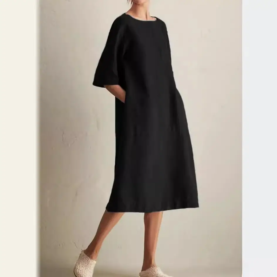 Large Cotton Linen Mid Sleeve Round Neck Dress