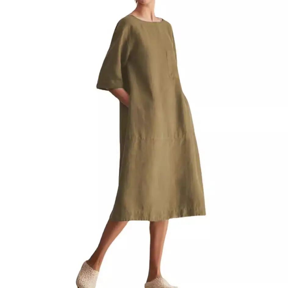 Large Cotton Linen Mid Sleeve Round Neck Dress
