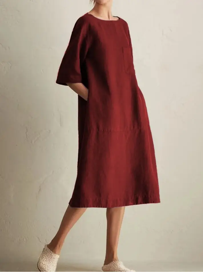 Large Cotton Linen Mid Sleeve Round Neck Dress