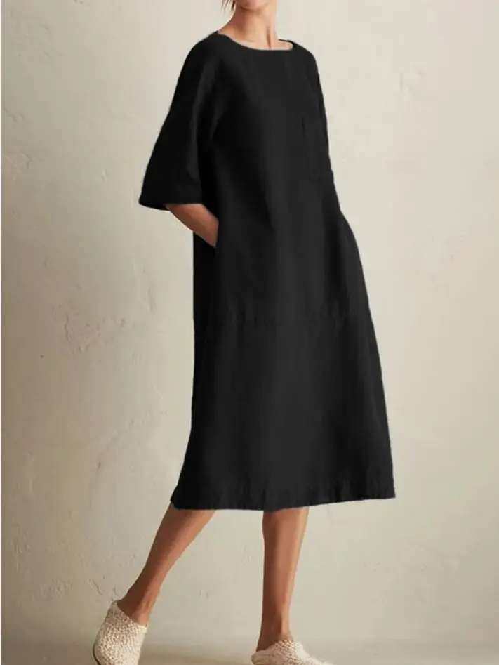 Large Cotton Linen Mid Sleeve Round Neck Dress