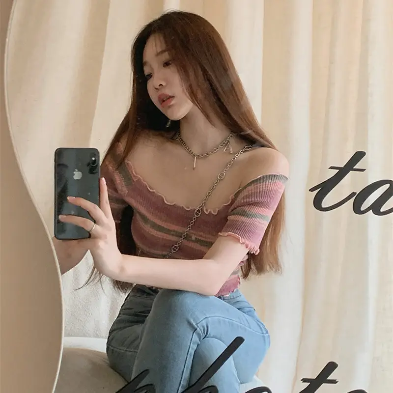 Women Tie-Dye Striped Off-Shoulder Top White Shorts 2025 - Image 3