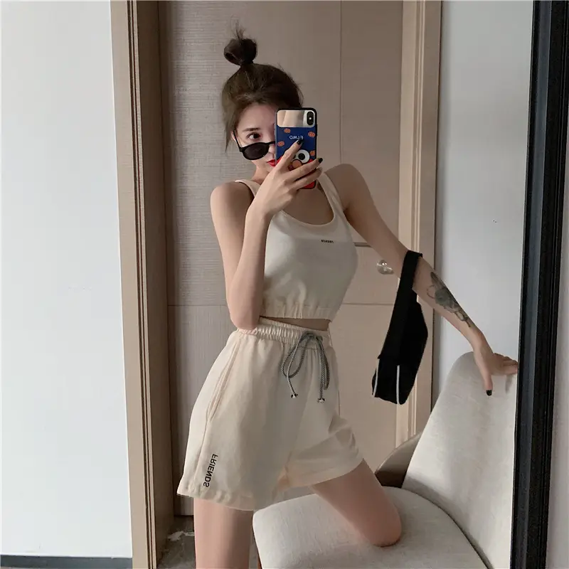 Women's White Cotton Casual Shorts Set Summer Loose Fit — feature 12