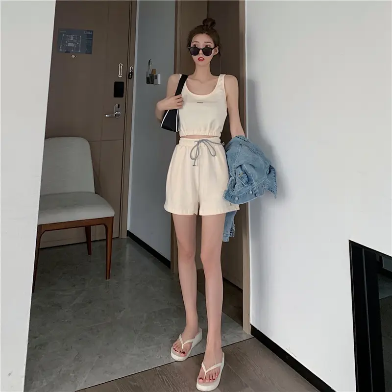 Women's White Cotton Casual Shorts Set Summer Loose Fit — feature 16