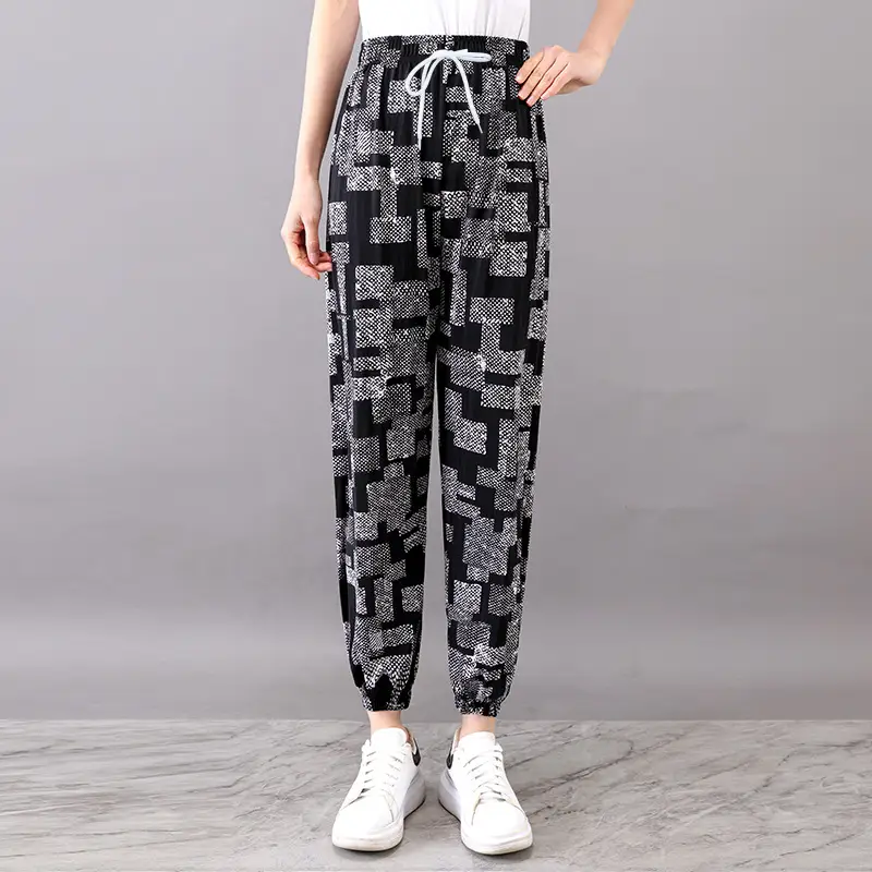 Women's Black Patterned Ice Silk Lantern Pants Plus - Image 3