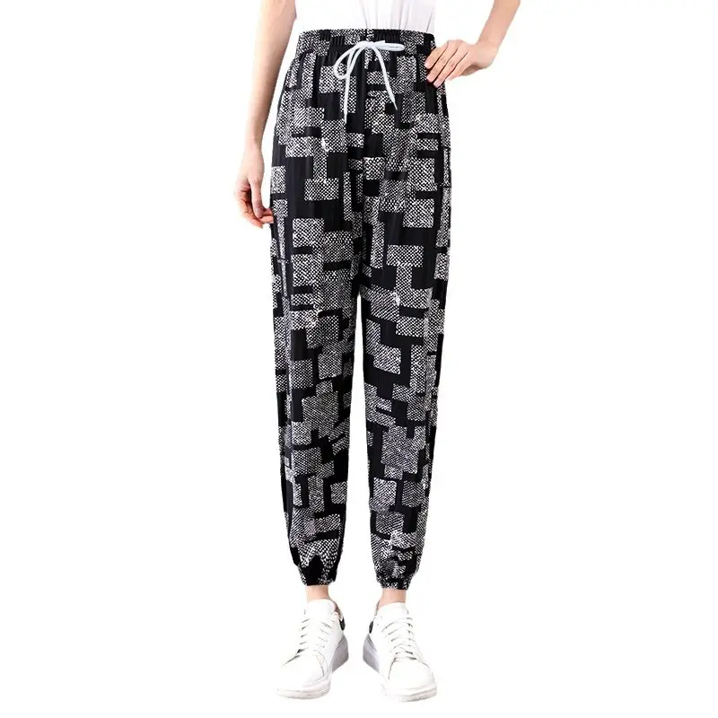 Women's Black Patterned Ice Silk Lantern Pants Plus - Image 44