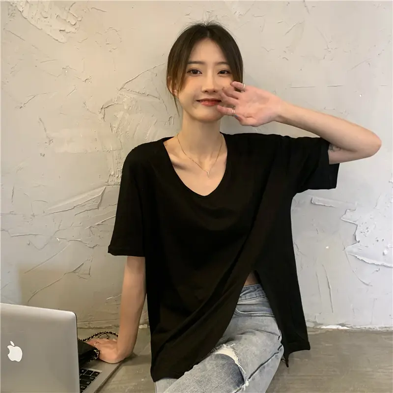 Women White Slit V-Neck T-Shirt Summer 2025 - Image 5