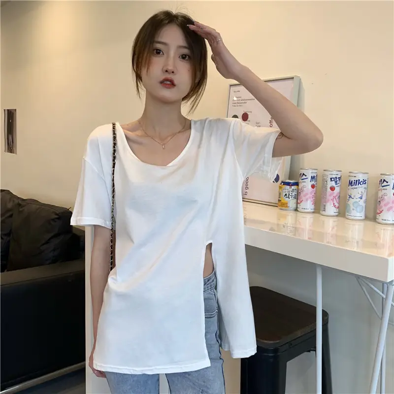 Women White Slit V-Neck T-Shirt Summer 2025 — feature 10