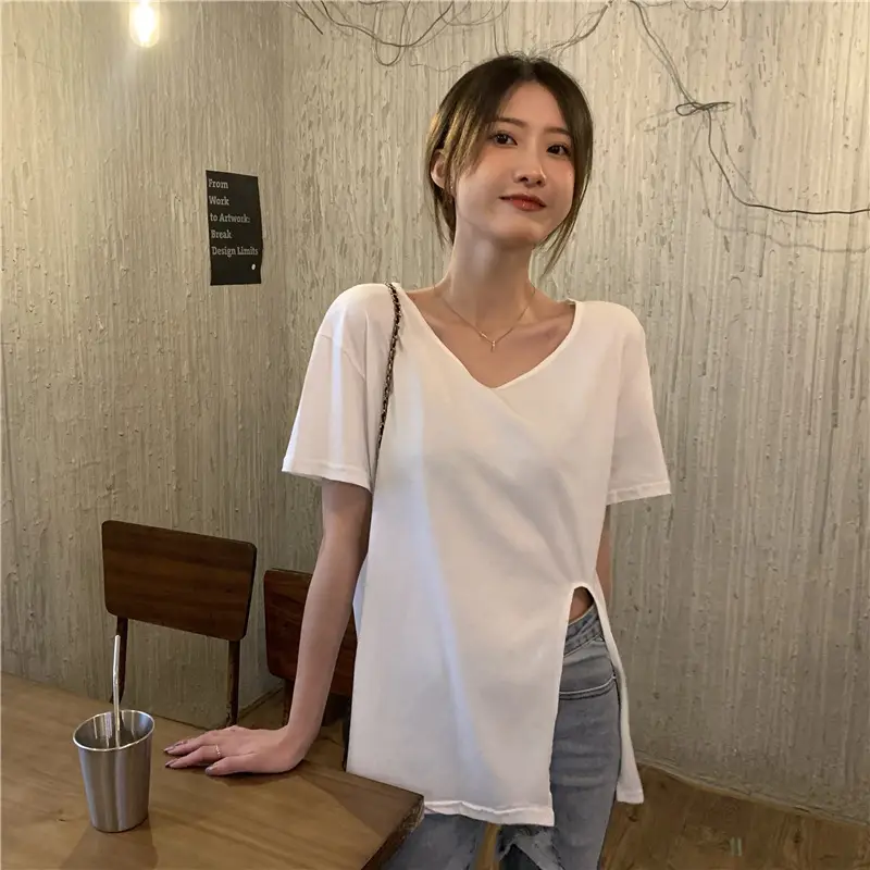Women White Slit V-Neck T-Shirt Summer 2025 — feature 11