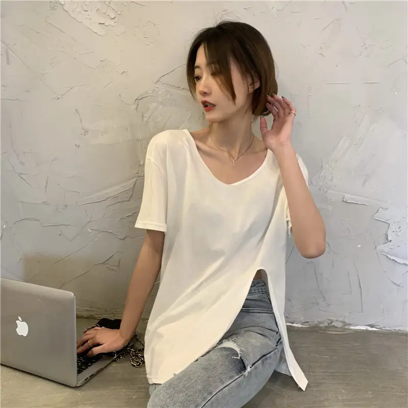 Women White Slit V-Neck T-Shirt Summer 2025 — feature 12