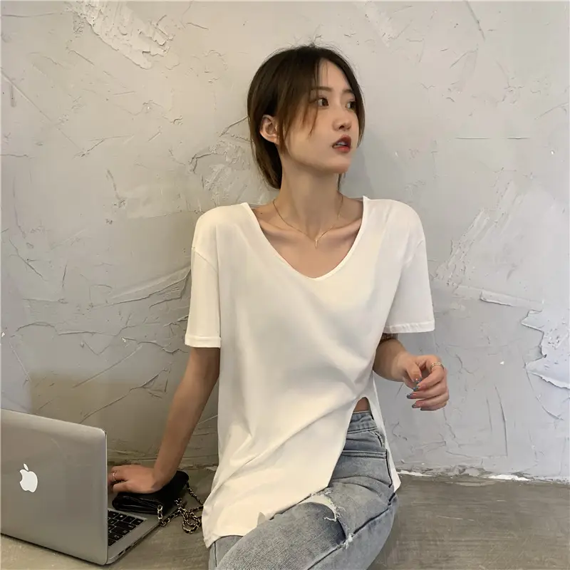 Women White Slit V-Neck T-Shirt Summer 2025 — feature 13