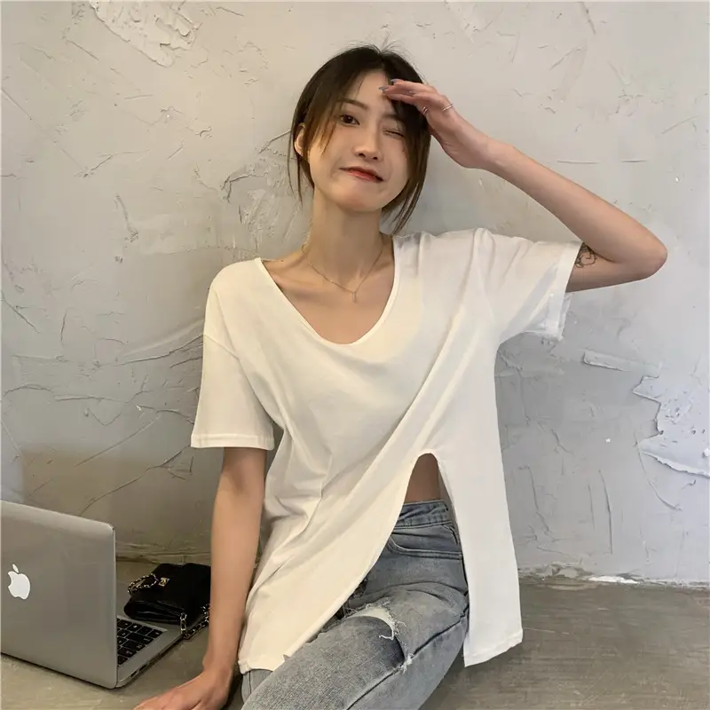 Women White Slit V-Neck T-Shirt Summer 2025 — feature 14