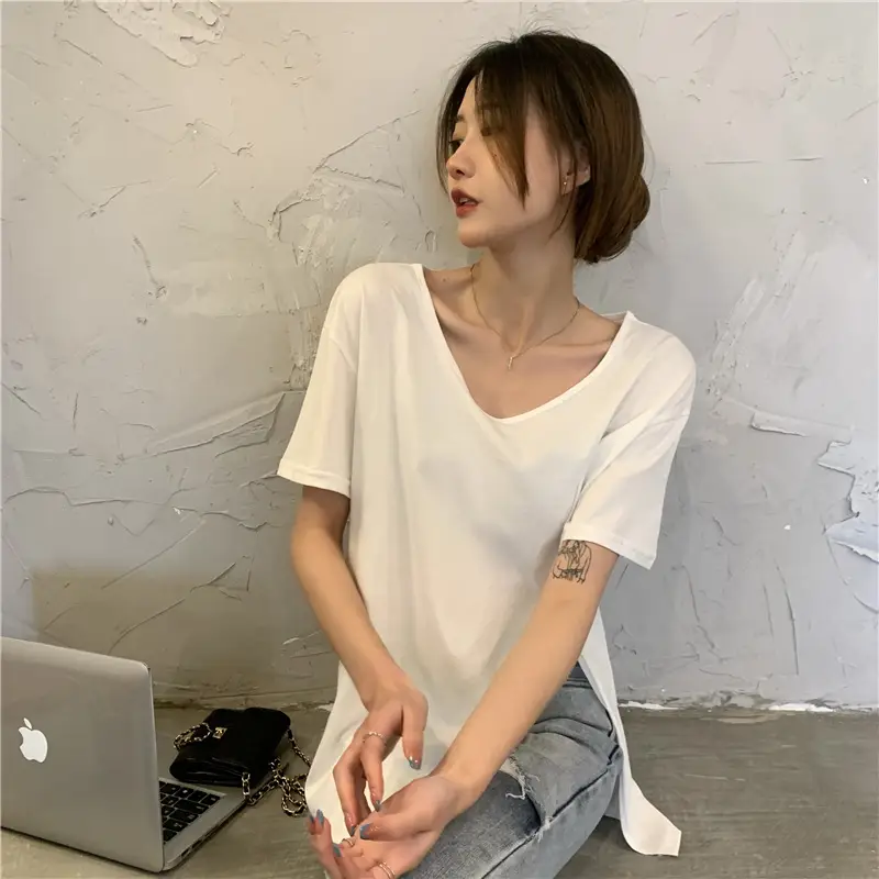 Women White Slit V-Neck T-Shirt Summer 2025 — feature 15