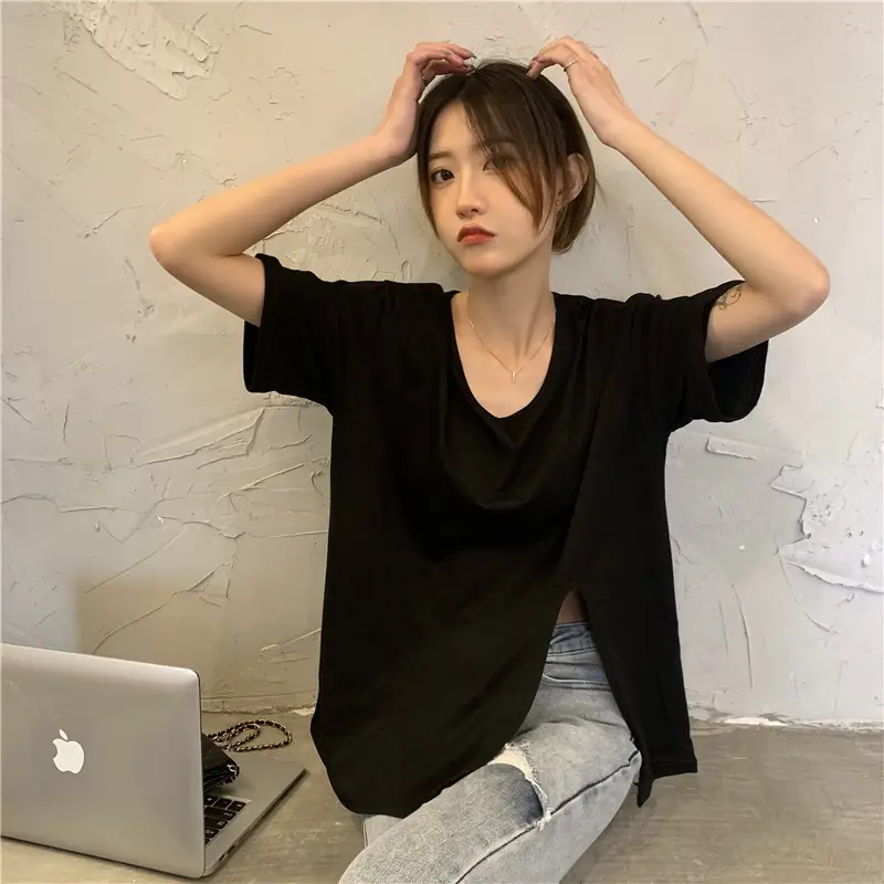 Women White Slit V-Neck T-Shirt Summer 2025 — feature 6