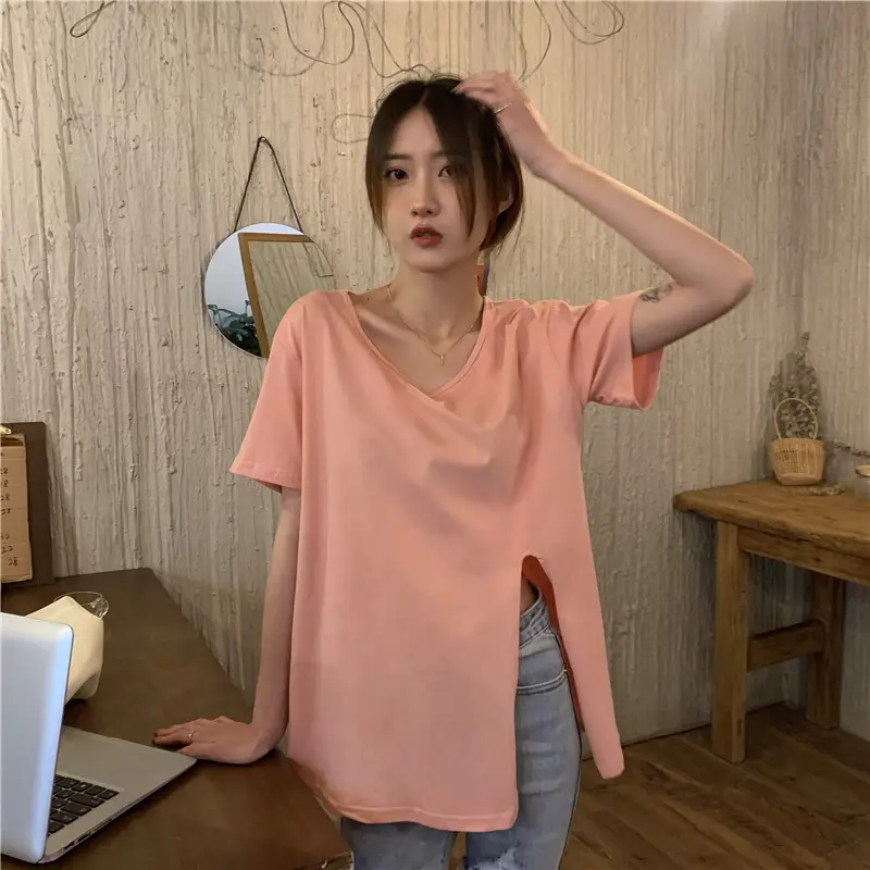 Women White Slit V-Neck T-Shirt Summer 2025 - Image 2