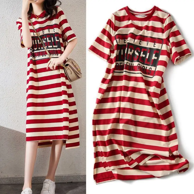 Women Korean Style Striped Short Sleeve Dress Mid-Length - Image 3
