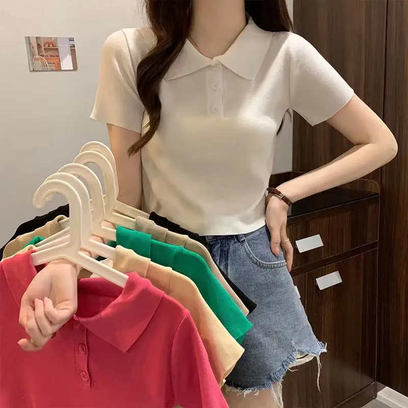 Women Pink Knit Lapel Short Sleeve Top Slim White Pants - Image 9