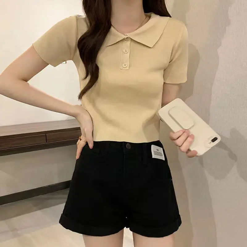 Women Pink Knit Lapel Short Sleeve Top Slim White Pants - Image 10