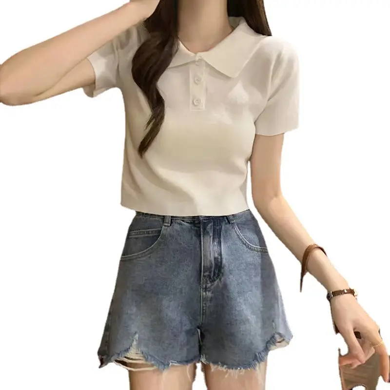 Women Pink Knit Lapel Short Sleeve Top Slim White Pants - Image 11