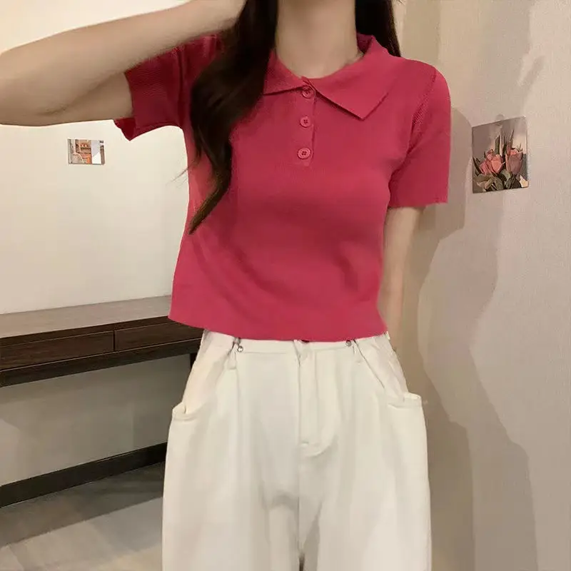 Women Pink Knit Lapel Short Sleeve Top Slim White Pants - Image 3