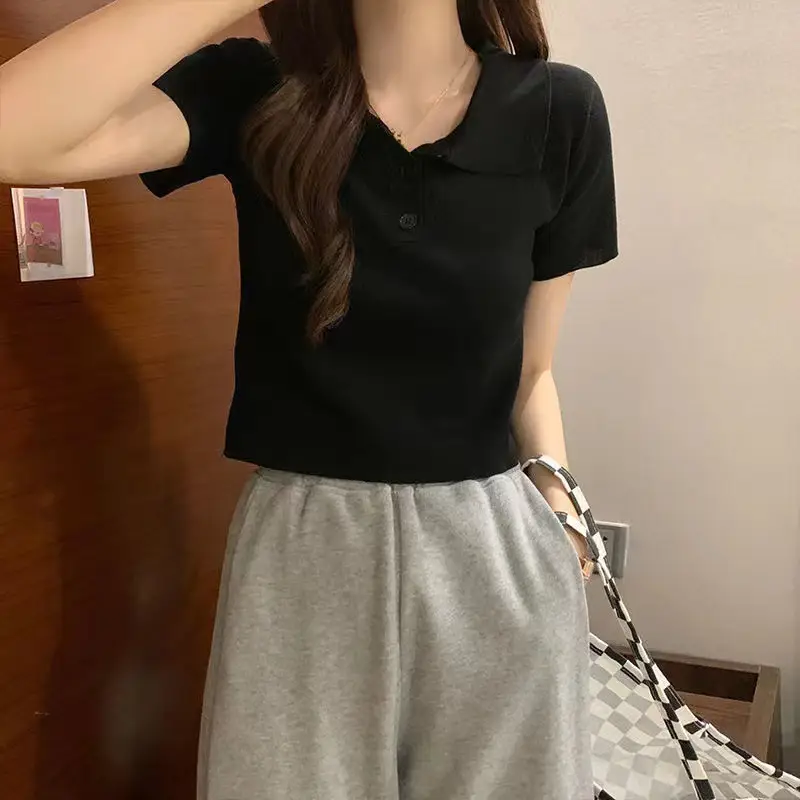 Women Pink Knit Lapel Short Sleeve Top Slim White Pants - Image 5