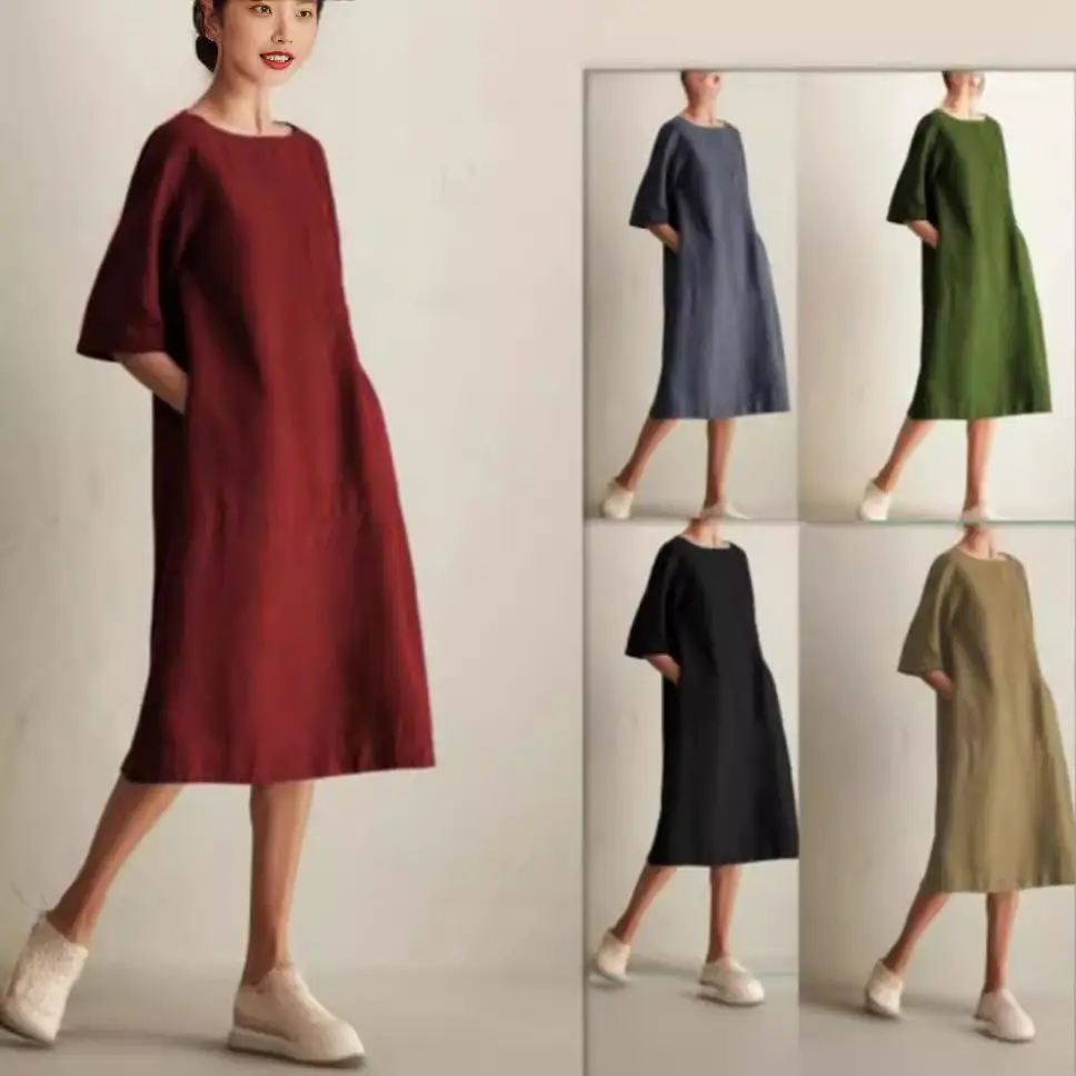 Women's Maroon Cotton Long Dress Round Neck Sleeveless Casual - Image 7