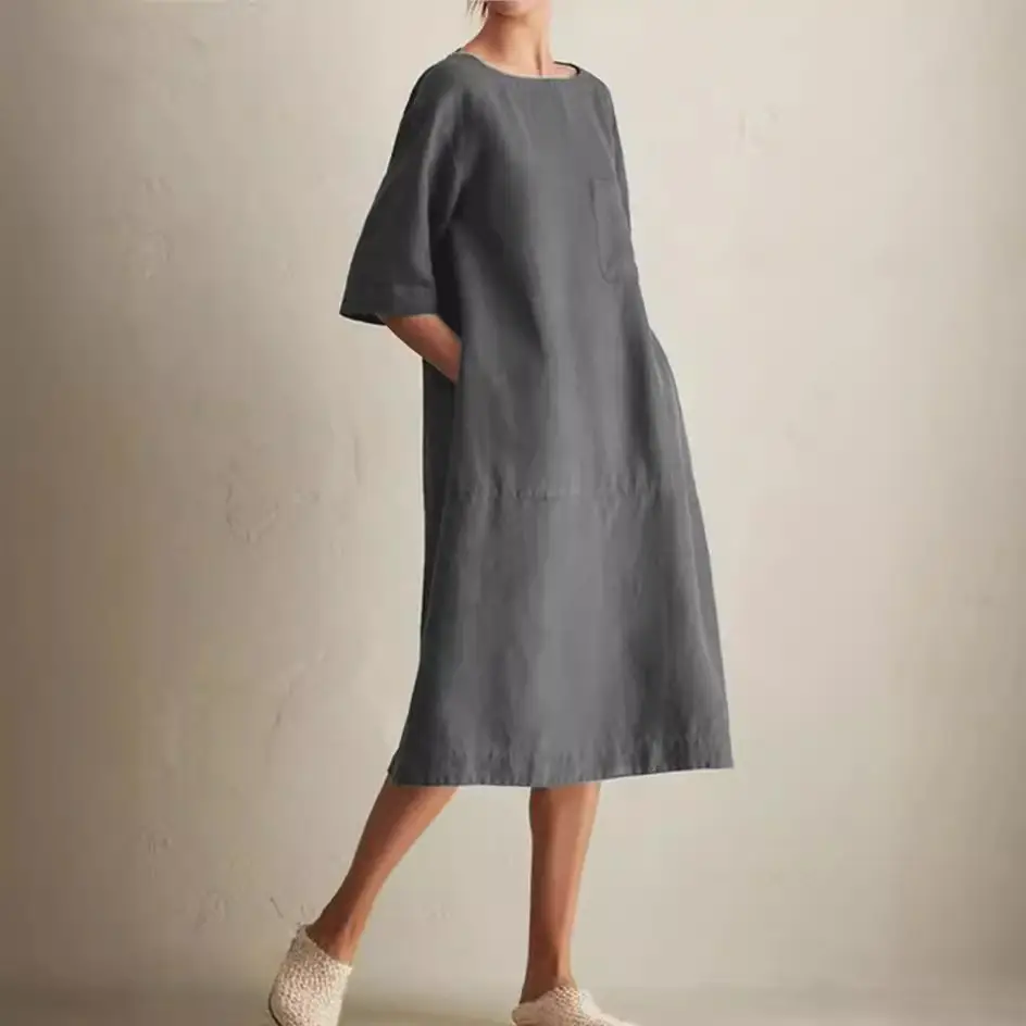 Women's Maroon Cotton Long Dress Round Neck Sleeveless Casual - Image 8