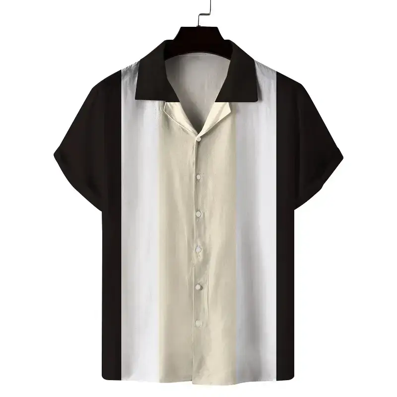 Cuban Collar Printed Short Sleeve Shirt Blue Beige