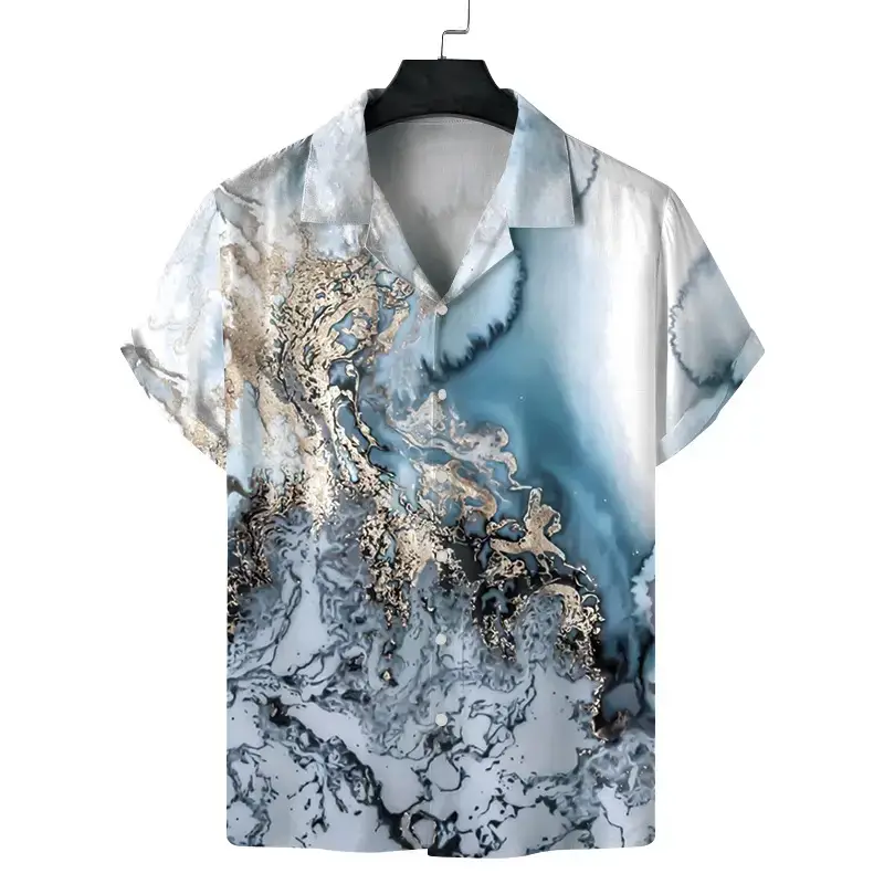 Cuban Collar Printed Short Sleeve Shirt Blue Beige