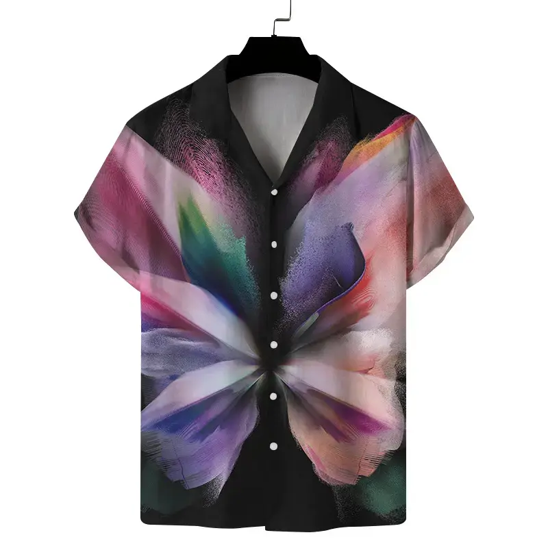 Cuban Collar Printed Short Sleeve Shirt Blue Beige
