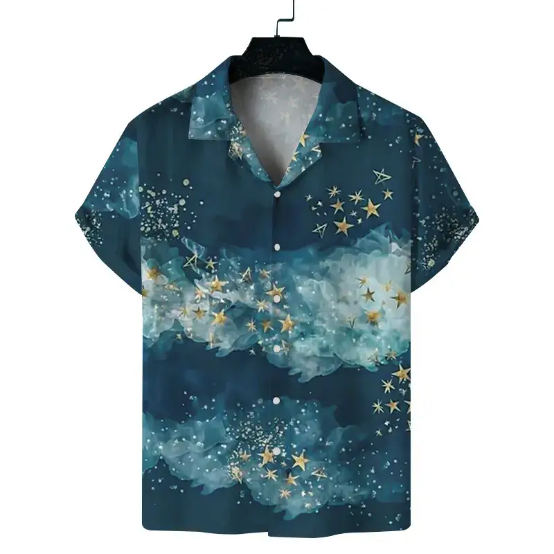 Cuban Collar Printed Short Sleeve Shirt Blue Beige